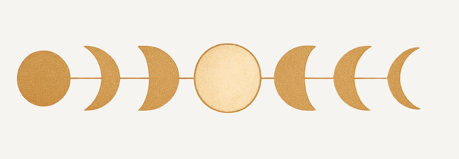 Minimal, elegant moon phase divider in a warm beige and soft brown palette. Includes all eight phases — new moon, waxing crescent, first quarter, waxing gibbous, full moon, waning gibbous, last quarter, waning crescent — arranged in a horizontal line. Subtle vintage texture, no background, soft shadows